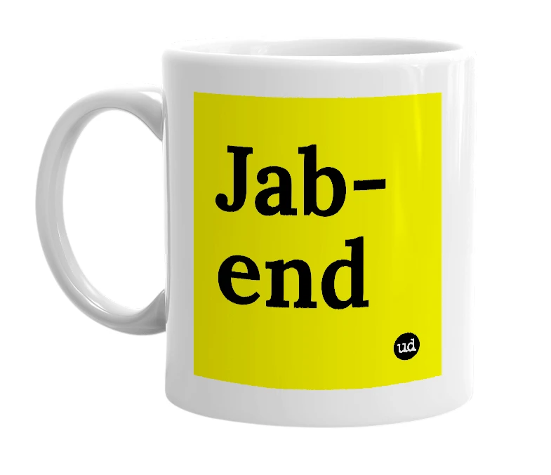 White mug with 'Jab-end' in bold black letters