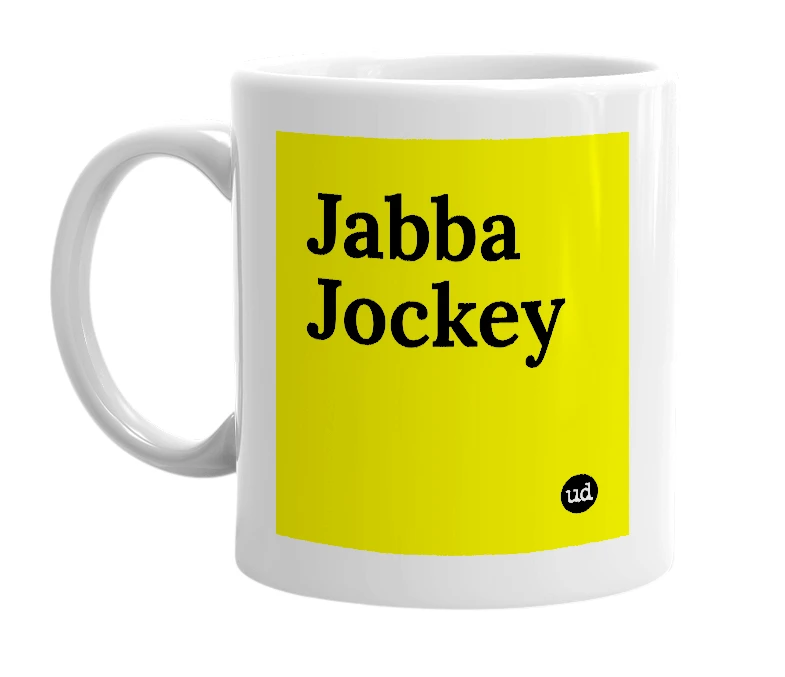 White mug with 'Jabba Jockey' in bold black letters