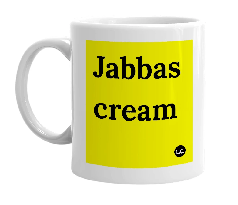 White mug with 'Jabbas cream' in bold black letters
