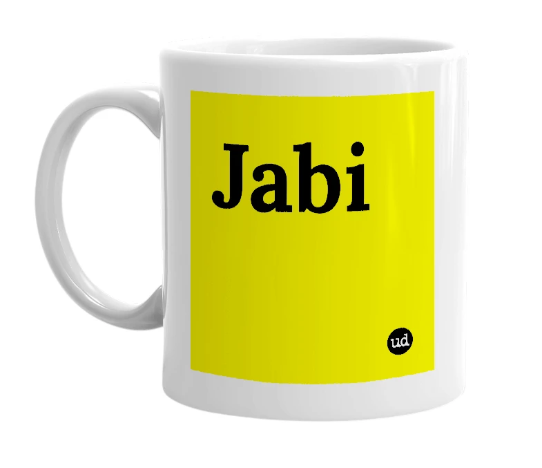 White mug with 'Jabi' in bold black letters