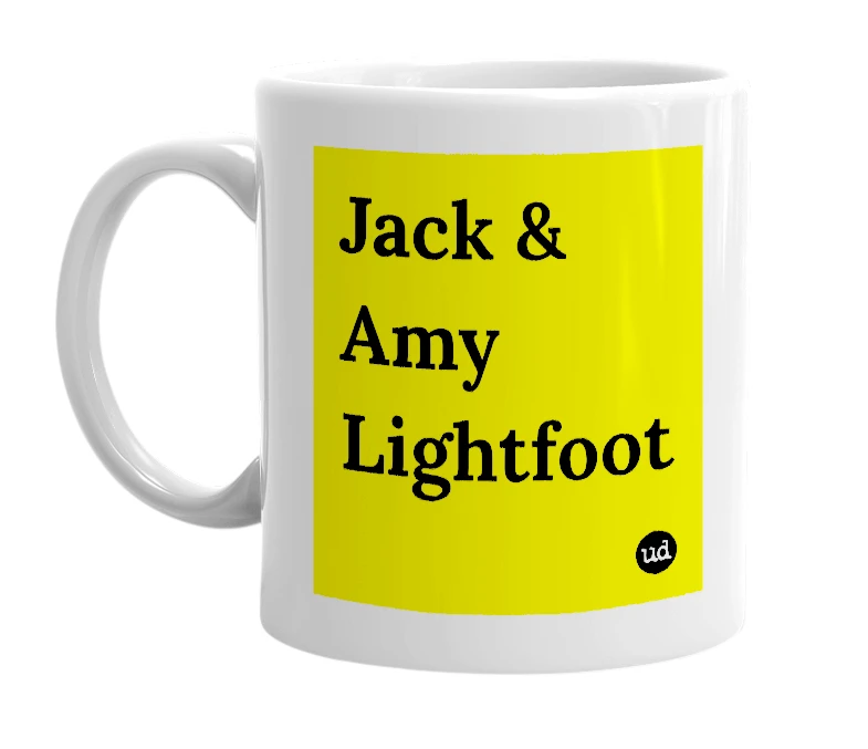 White mug with 'Jack & Amy Lightfoot' in bold black letters