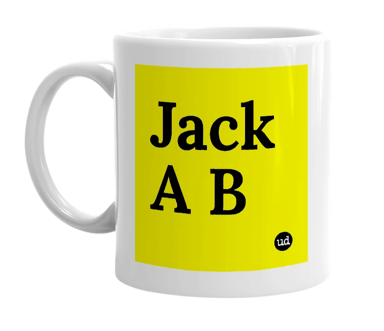 White mug with 'Jack A B' in bold black letters