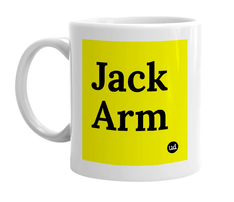 White mug with 'Jack Arm' in bold black letters