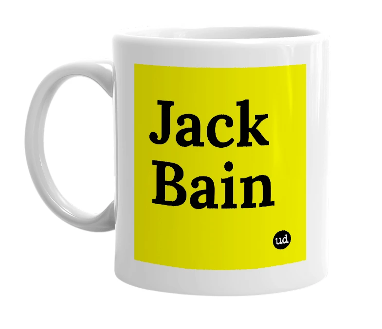 White mug with 'Jack Bain' in bold black letters