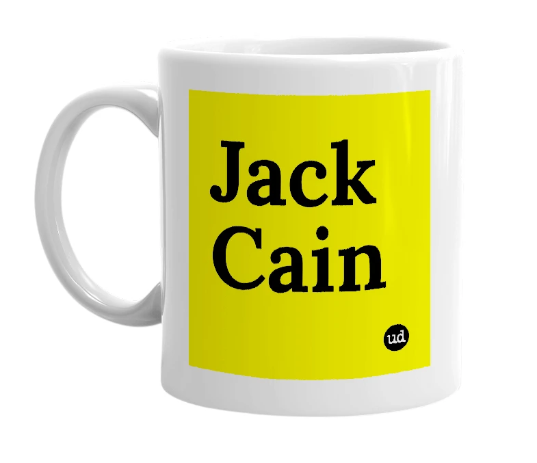 White mug with 'Jack Cain' in bold black letters