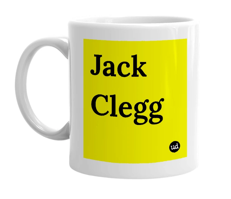 White mug with 'Jack Clegg' in bold black letters