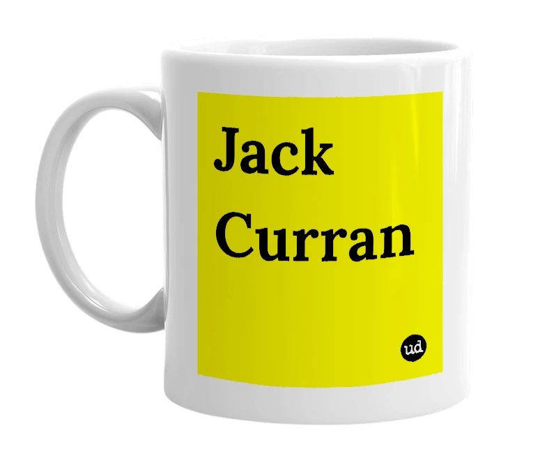 White mug with 'Jack Curran' in bold black letters