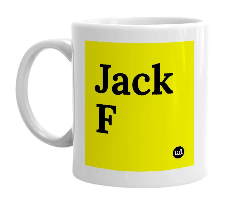 White mug with 'Jack F' in bold black letters