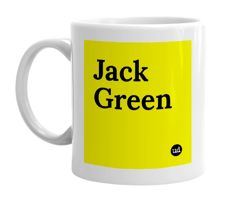 White mug with 'Jack Green' in bold black letters