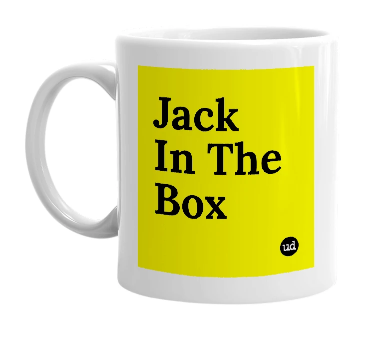 White mug with 'Jack In The Box' in bold black letters