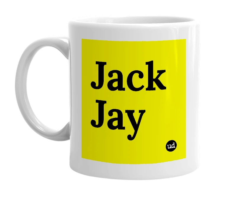 White mug with 'Jack Jay' in bold black letters