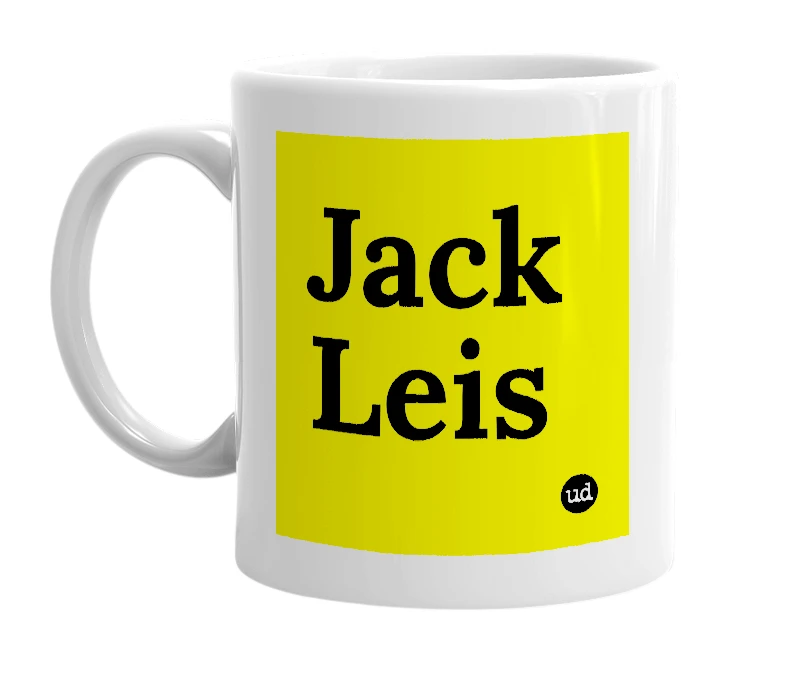 White mug with 'Jack Leis' in bold black letters