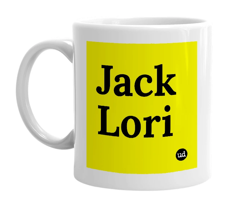 White mug with 'Jack Lori' in bold black letters