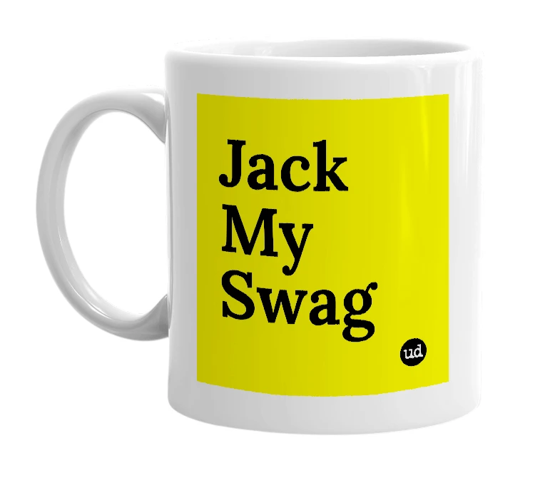 White mug with 'Jack My Swag' in bold black letters