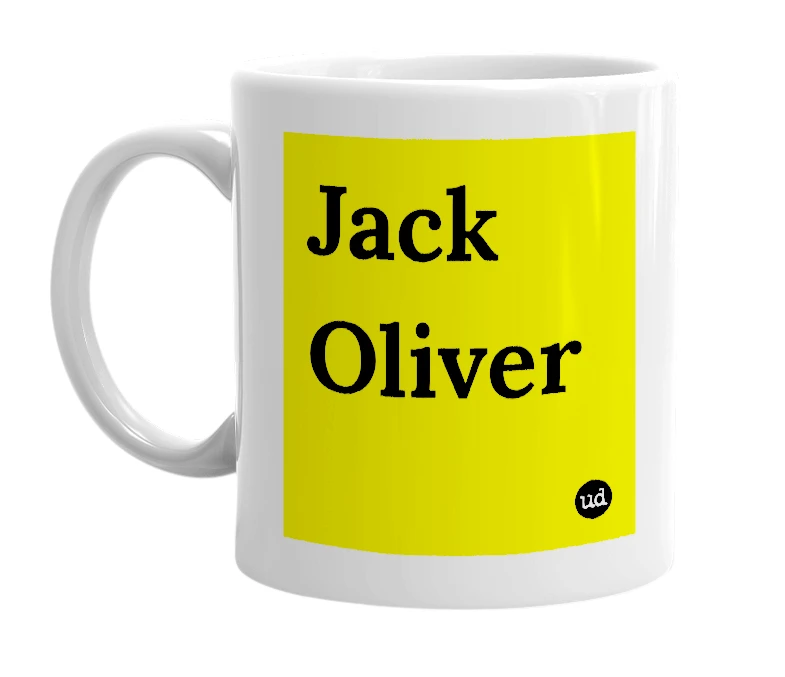 White mug with 'Jack Oliver' in bold black letters