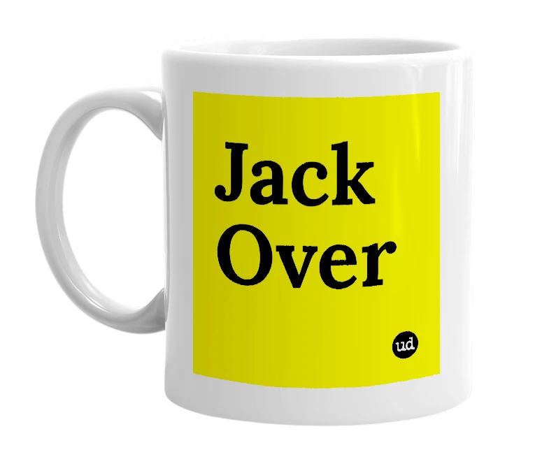White mug with 'Jack Over' in bold black letters