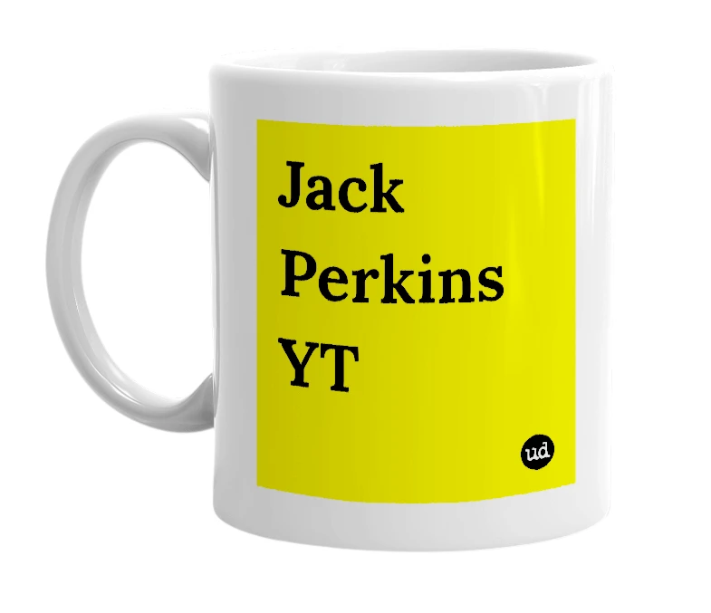 White mug with 'Jack Perkins YT' in bold black letters