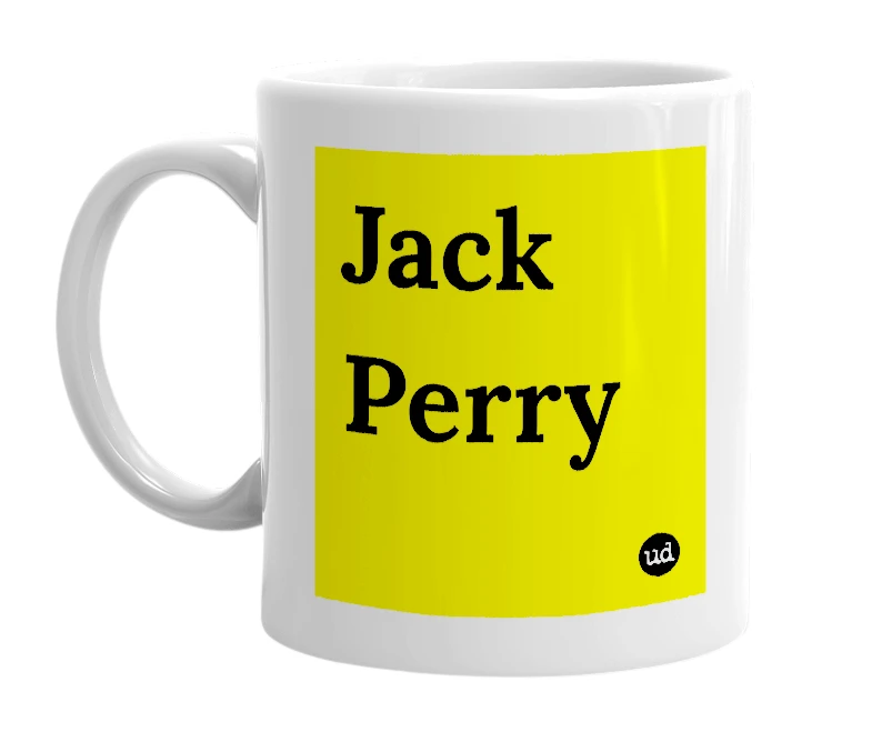 White mug with 'Jack Perry' in bold black letters