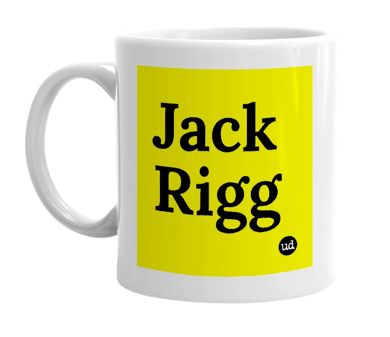 White mug with 'Jack Rigg' in bold black letters