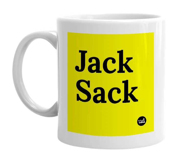 White mug with 'Jack Sack' in bold black letters