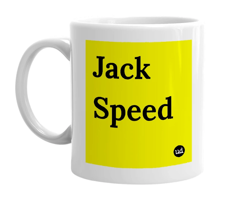 White mug with 'Jack Speed' in bold black letters