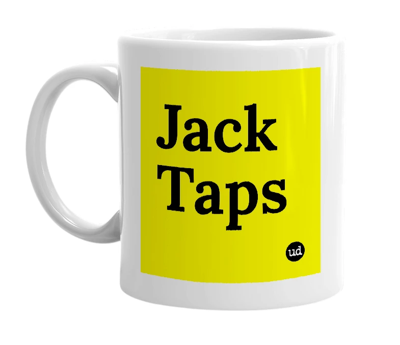White mug with 'Jack Taps' in bold black letters