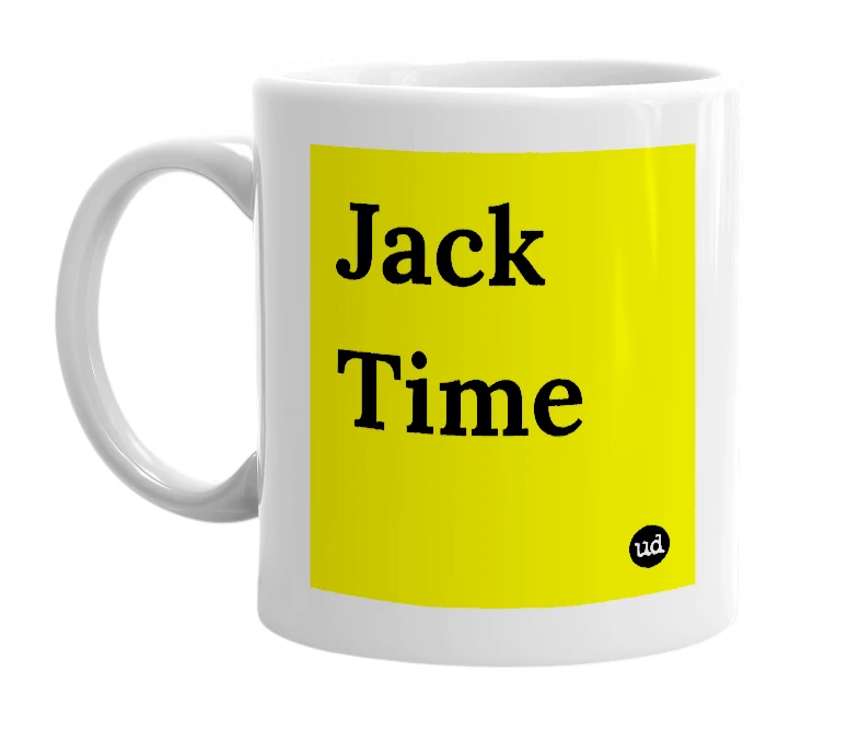 White mug with 'Jack Time' in bold black letters