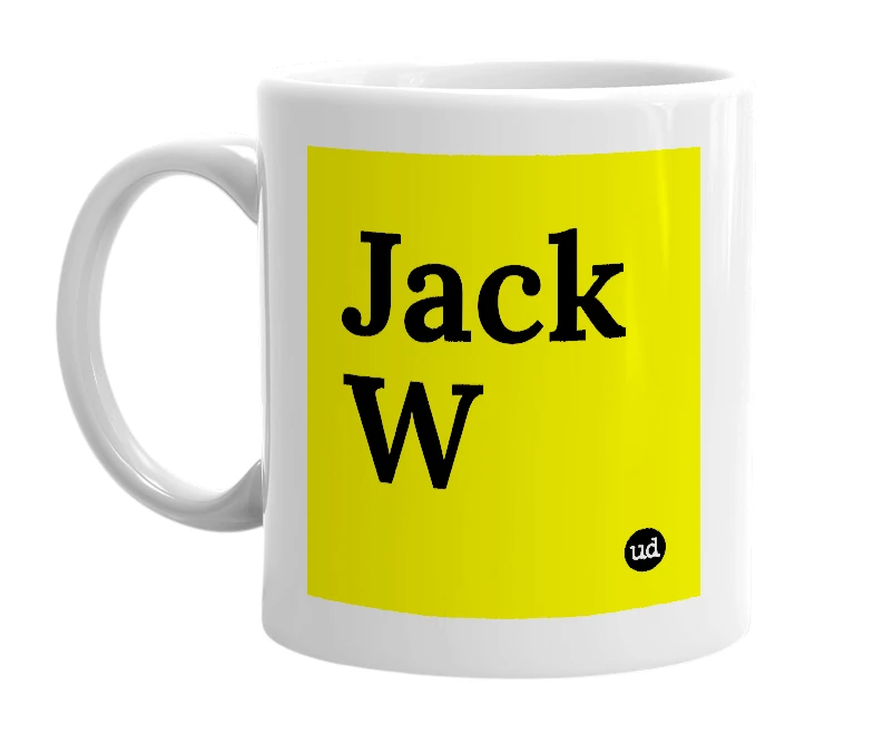 White mug with 'Jack W' in bold black letters