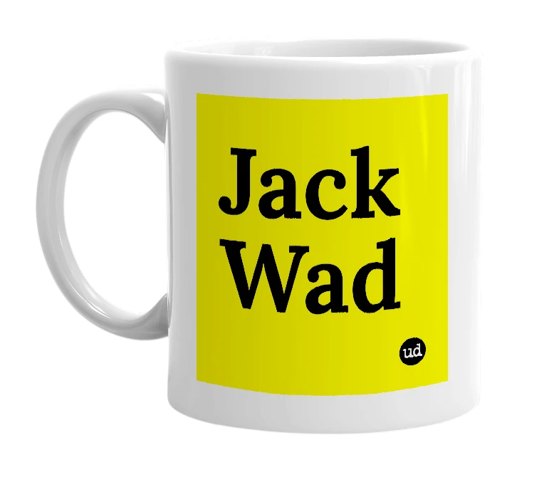 White mug with 'Jack Wad' in bold black letters