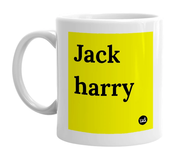 White mug with 'Jack harry' in bold black letters