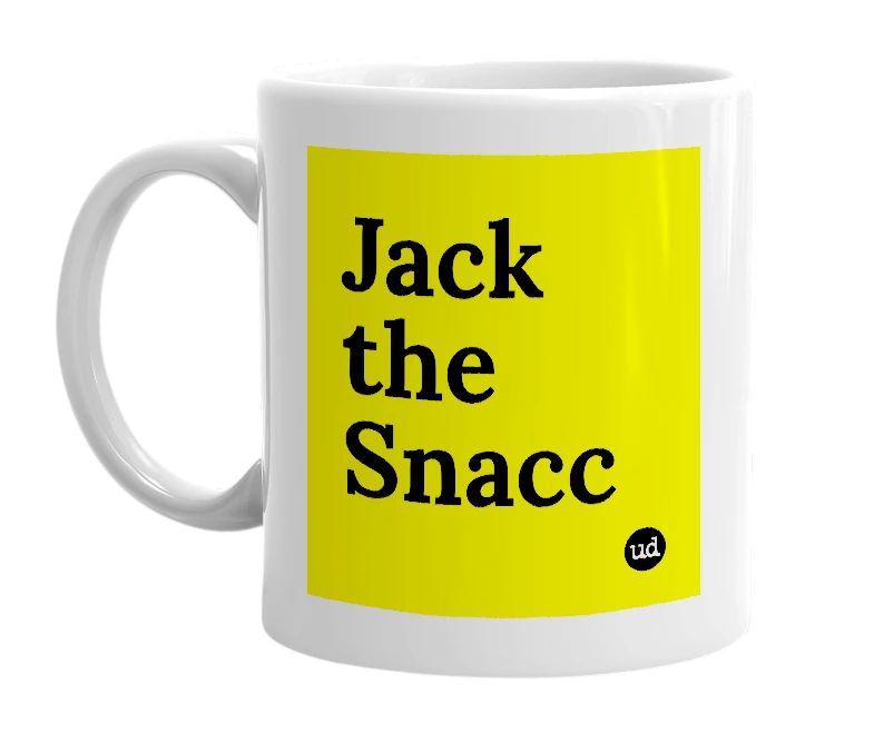 White mug with 'Jack the Snacc' in bold black letters