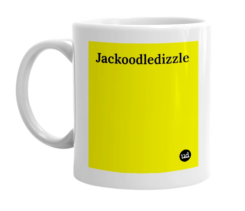 White mug with 'Jackoodledizzle' in bold black letters