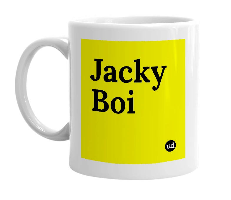 White mug with 'Jacky Boi' in bold black letters