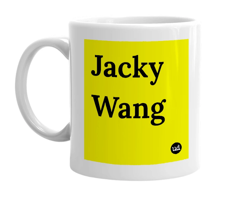 White mug with 'Jacky Wang' in bold black letters