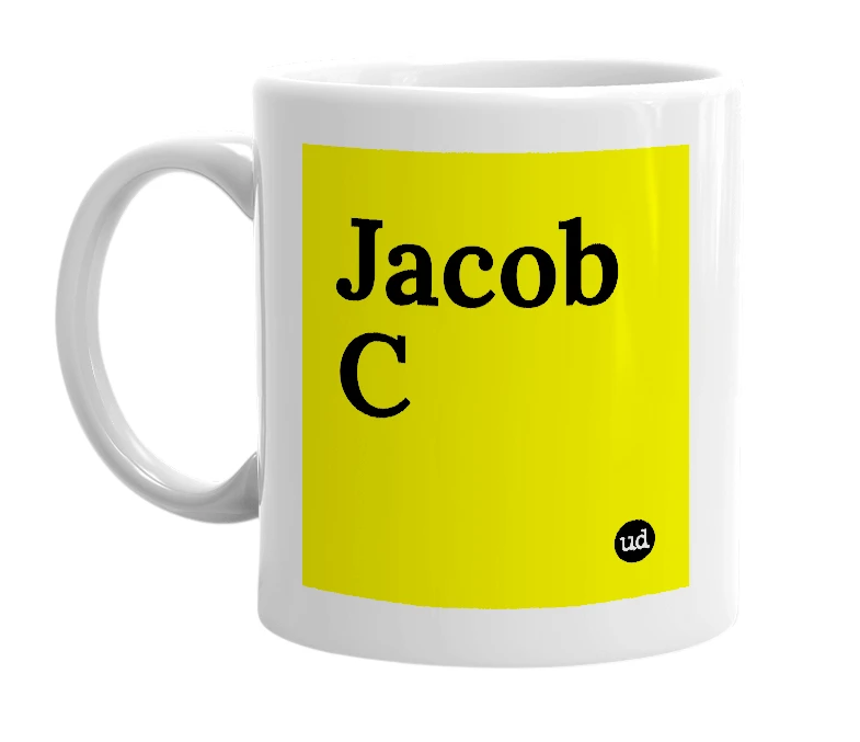 White mug with 'Jacob C' in bold black letters