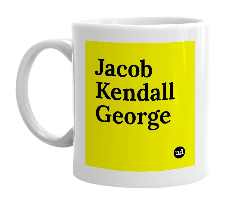 White mug with 'Jacob Kendall George' in bold black letters