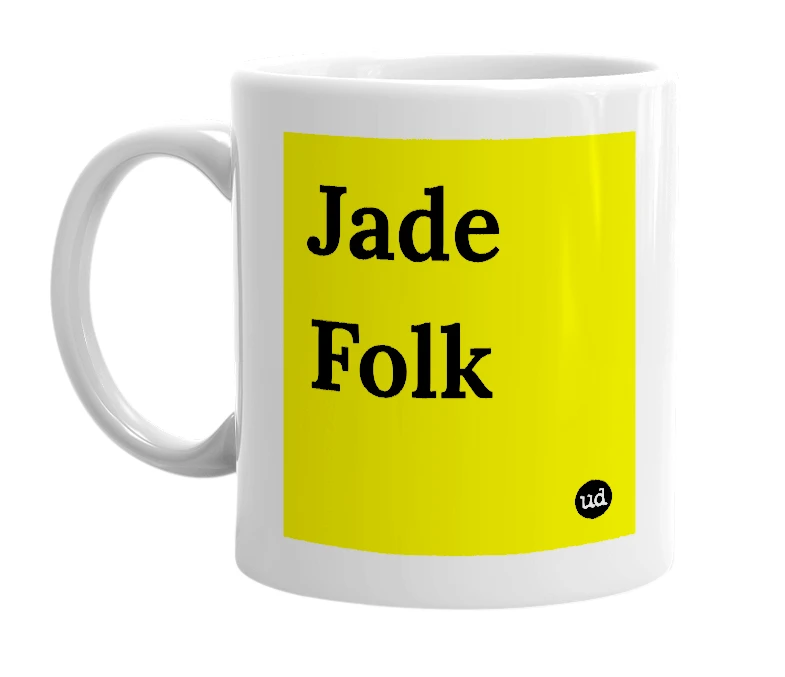White mug with 'Jade Folk' in bold black letters