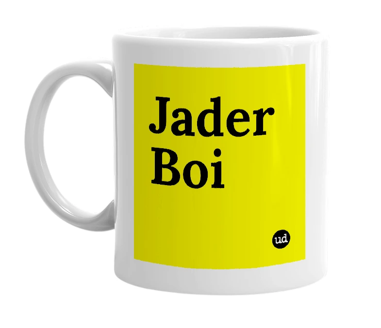 White mug with 'Jader Boi' in bold black letters
