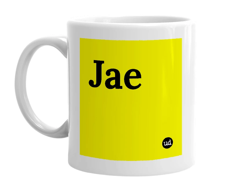 White mug with 'Jae' in bold black letters