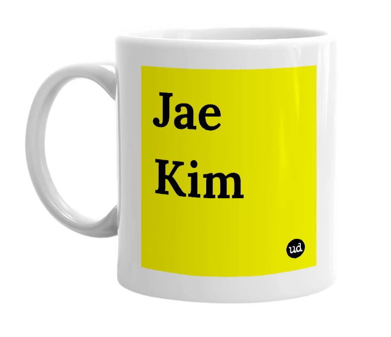 White mug with 'Jae Kim' in bold black letters