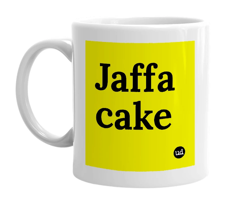 White mug with 'Jaffa cake' in bold black letters