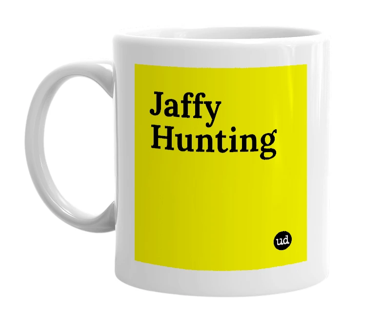 White mug with 'Jaffy Hunting' in bold black letters