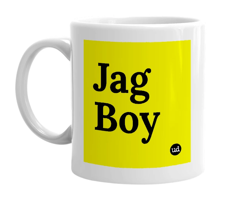 White mug with 'Jag Boy' in bold black letters
