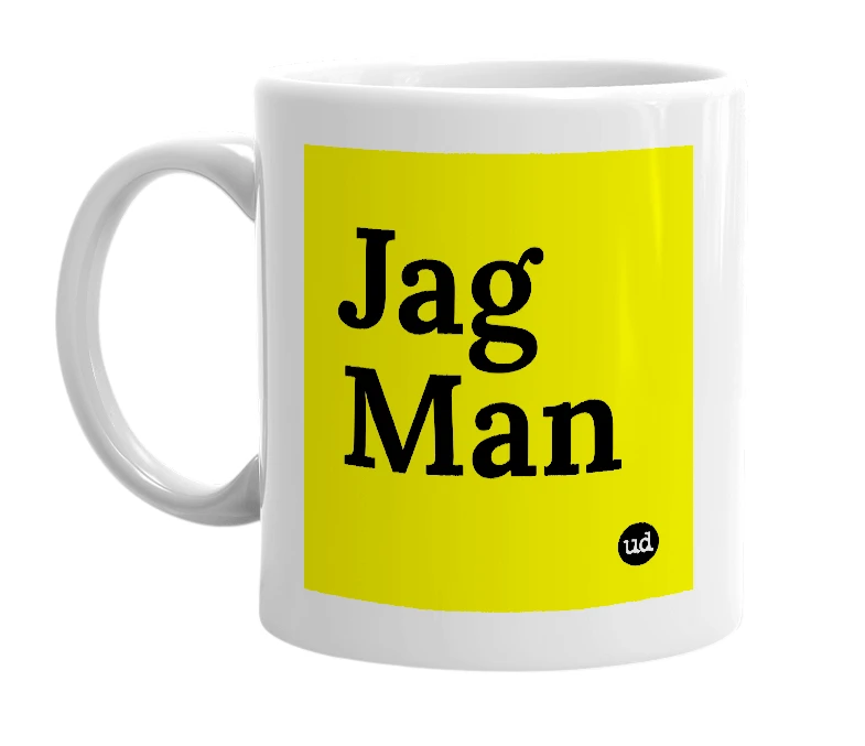 White mug with 'Jag Man' in bold black letters