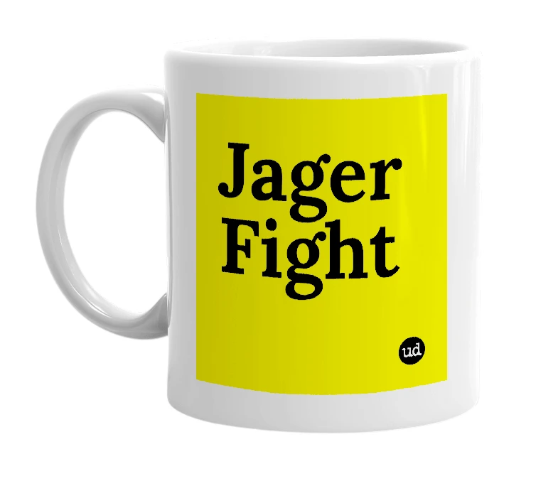 White mug with 'Jager Fight' in bold black letters