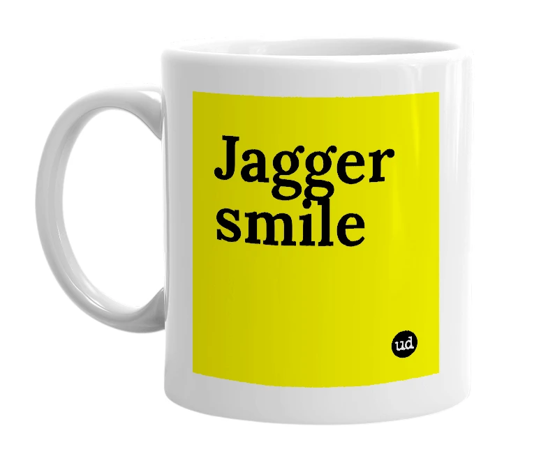 White mug with 'Jagger smile' in bold black letters