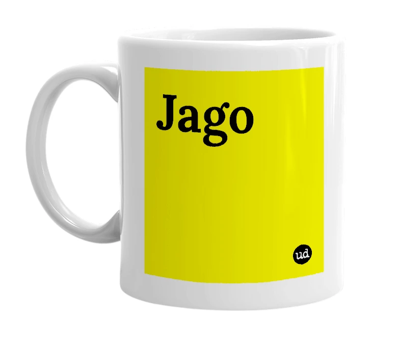 White mug with 'Jago' in bold black letters