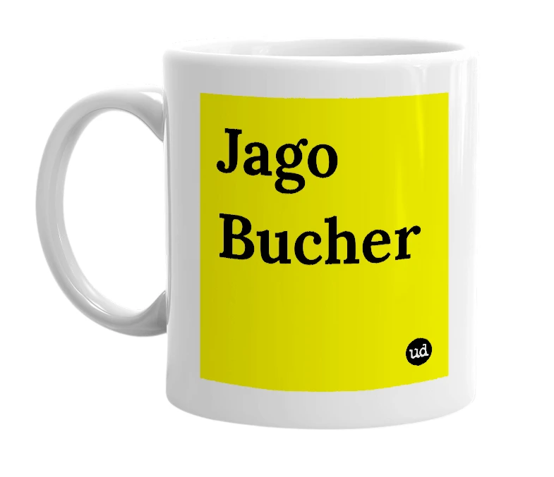 White mug with 'Jago Bucher' in bold black letters