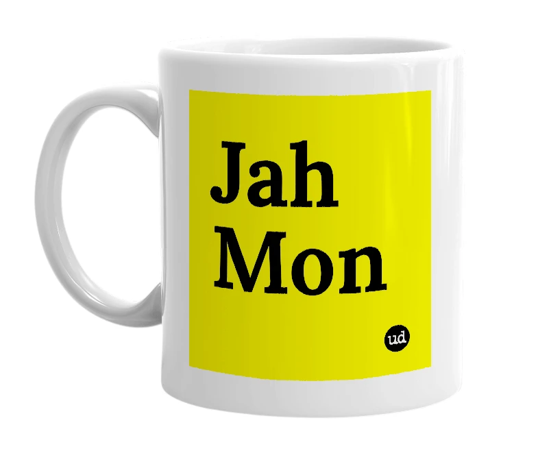 White mug with 'Jah Mon' in bold black letters