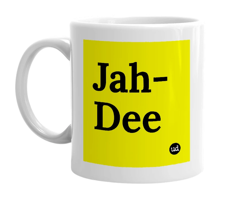 White mug with 'Jah-Dee' in bold black letters
